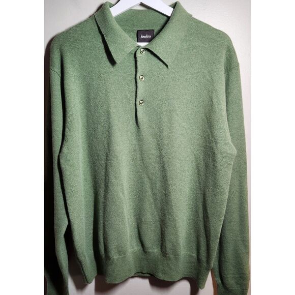 Neiman Marcus Celery Green 100% Cashmere Collared Sweater, Men's Size Medium - Picture 1 of 8